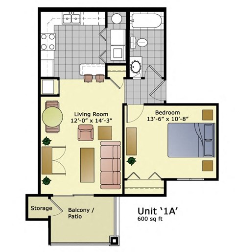 Floor plan for 1 bed, 1 bath, 600 sqft